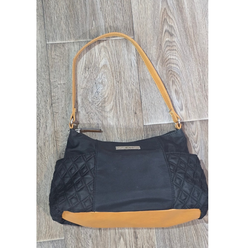 Liz Claiborne Black Quilted Nylon Shoulder Bag with Tan Trim